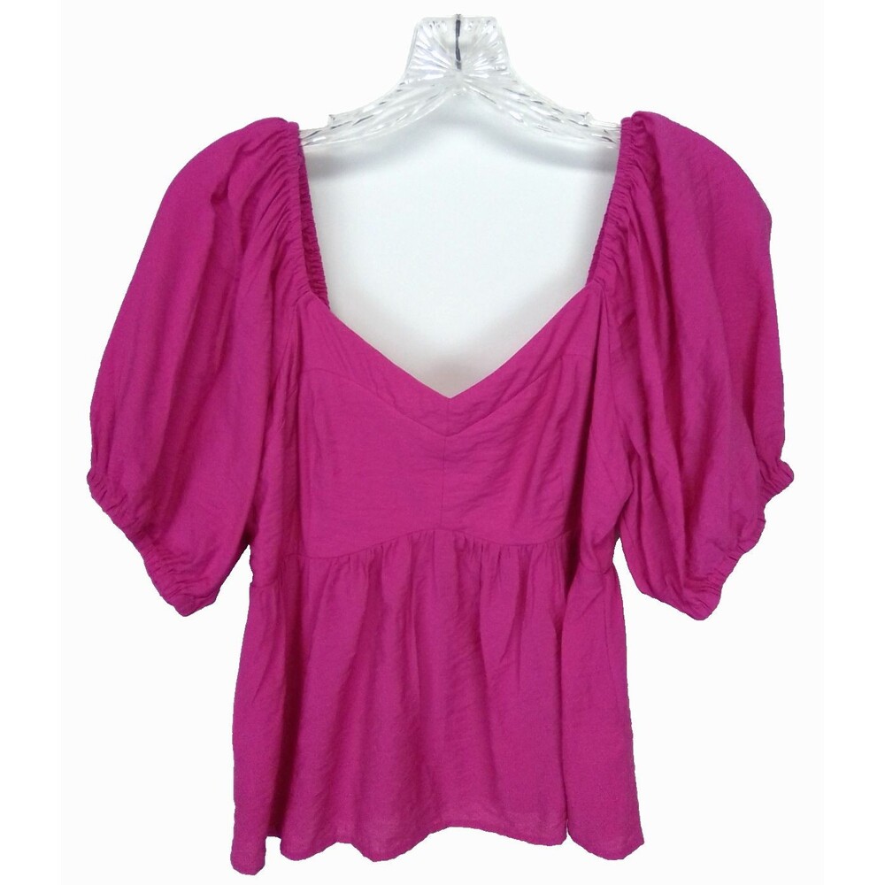 Nine West Women's Hot Pink Sweetheart Neckline Puff Off Shoulder Baby Doll Top L